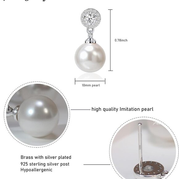 Pearl Drop Earrings Imitation Diamond Dangle Bridal Bridesmaid Jewelry - Picture 6 of 8